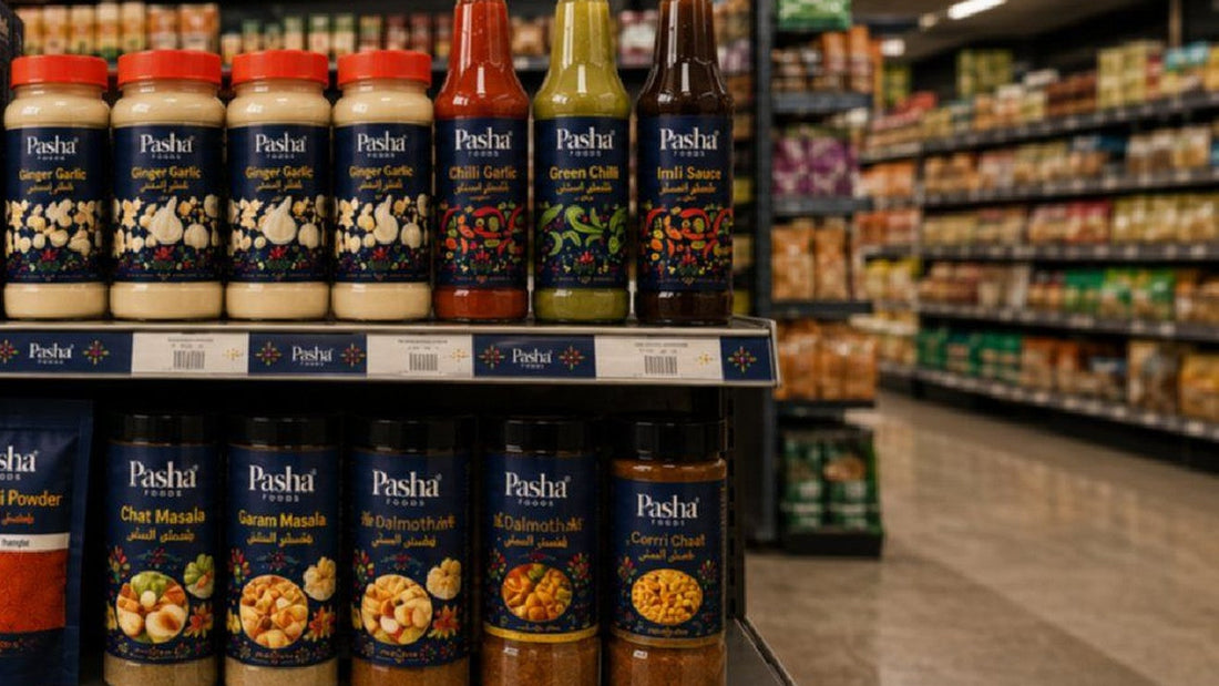 Pasha sauces and pastes on a Houston grocery shelf