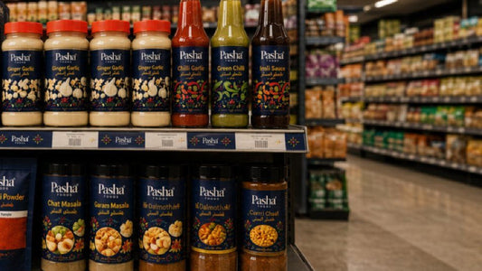 Pasha sauces and pastes on a Houston grocery shelf